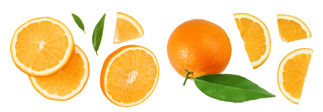 Orange fruit with slices isolated on white background. Top view. Flat lay.