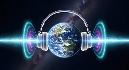 Epic Futuristic Over-Ear Headphones Floating Above Glowing Planet Earth Horizon at Night, Neon Pink Purple LED Lights Illuminating City Grid Digital Tiles Rain Effect Atmosphere