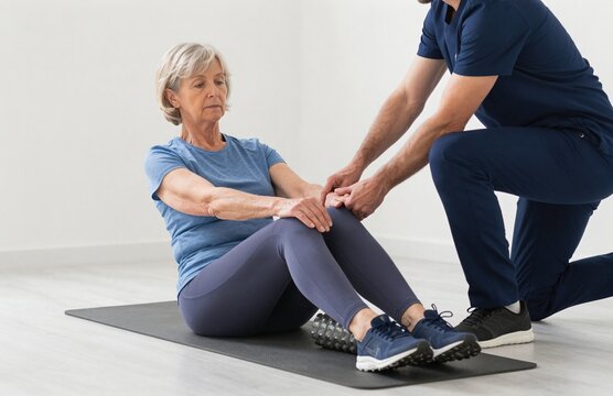 Experienced physical therapist guiding a senior woman through safe core exercises using a foam roller during a rehabilitation session in a clean studio
