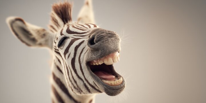 Smiling zebra with a very big toothy grin, showcasing its wide mouth and expressive features against a neutral background in high fidelity detail