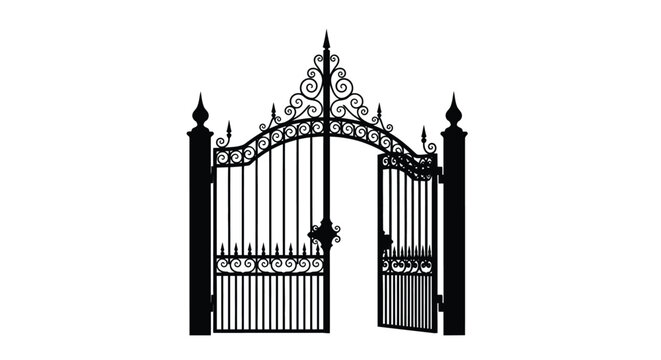 An open wrought iron gate with ornate detailing against a white background