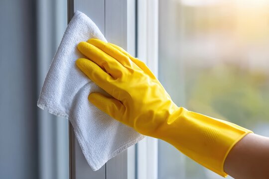Close up of a hand wearing yellow rubber gloves cleaning a window with a white cloth, sunlight illuminating the scene and a blurred outdoor view in the background