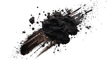 Abstract black powder and brushstroke with scattered particles on a black backdrop