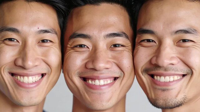 Three smiling young Asian men faces close up showing joy and friendship