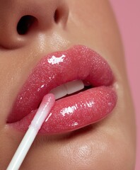 Naklejka premium Woman applying pink lip gloss, close up of glossy lips, sparkling finish, beauty application, and cosmetic routine