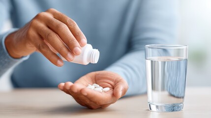 Person pouring white pills from a bottle into their palm while sitting at a table with a glass of water nearby during a health-related moment of self-care