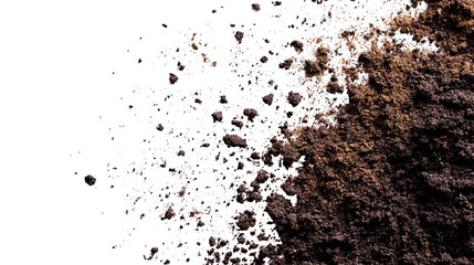 Close-up of dark soil, particles floating on black, textured and rough