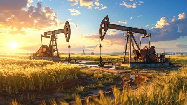 Oil pump jacks extracting crude oil from the ground at sunset, energy industry.