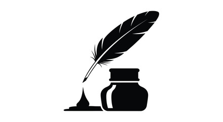 A black silhouette of a feather quill and inkwell on white © Momtaj