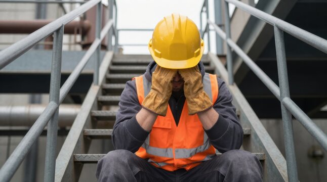 Overworked construction worker sitting on stairs with his head in his hands, fatigue, depression