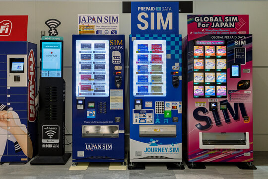 Fukuoka, Japan &ndash; Jan 14, 2026: Prepaid SIM card and mobile data vending machines displayed inside Fukuoka Airport, offering connectivity solutions for international travelers arriving in Japan.