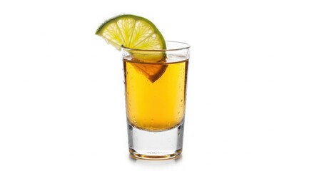 A refreshing glass of cold lemonade with fresh lemon and ice on a white background