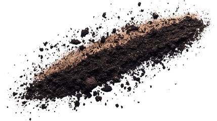 A pile of dark, textured soil with lighter streaks, isolated on a black background