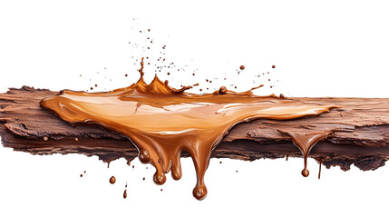 Brown liquid splash with droplets on a piece of dark wooden plank, black background