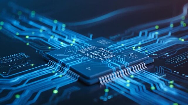 A close-up, blue-lit view of a computer processor and its intricate circuit board connections
