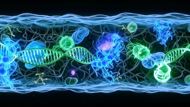 neon microscopic tube showing dna strand among colorful organelles, fluid cytoplasm motion, proteins and vesicles drifting, educational biomedical animation revealing cellular structure