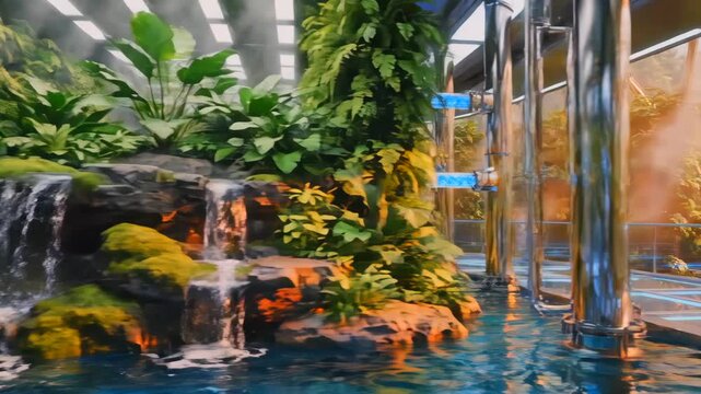 Futuristic hydroponic greenhouse with blue piping and lush plants, cascading waterfall, stainless tubing, LED grow lights, reflective water pools and agritech sensors, scene suggests
