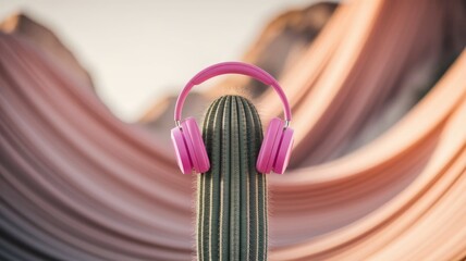 Cactus Wearing Pink Headphones Against Pastel Sunset Sky