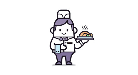 Fototapeta premium Friendly Restaurant Waiter Illustration: Professional Server Holding a Cloche Food Tray Mascot
