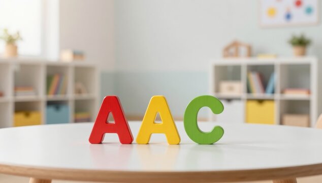 AAC wooden colorful letters on table in classroom setting for education and speech therapy