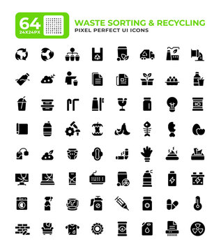 Waste sorting glyph essential ui icon set. Garbage recycling service. Management of litter. Disambiguation. Black solid symbols vector iconset. User interface flat elements collection, pixel perfect