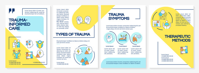 Naklejka na ściany i meble Types of mental trauma blue and yellow brochure layout. Therapy treatment, social support. Leaflet advertising design with color line icons. Editable 4 pages. Questrial, Lato-Regular fonts used