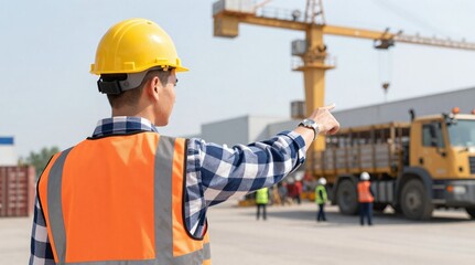 Fototapeta premium Construction Foreman Overseeing Site Operations with Crane and Truck in Background, Wearing Hard Hat and Safety Vest