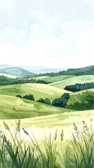 Obraz premium Peaceful countryside landscape with rolling hills and wild grass fields in soft watercolor style for nature backgrounds and rural design projects