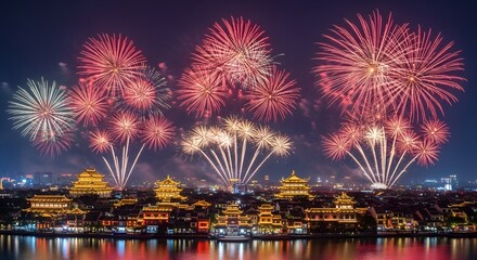 Fireworks display over city buildings at night with colorful explosions