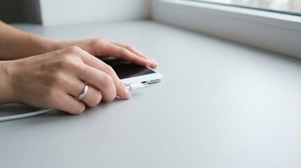 Fototapeta premium White woman charging phone with focused mood connecting cable to smartphone on desk in bright home interior close-up with copy space
