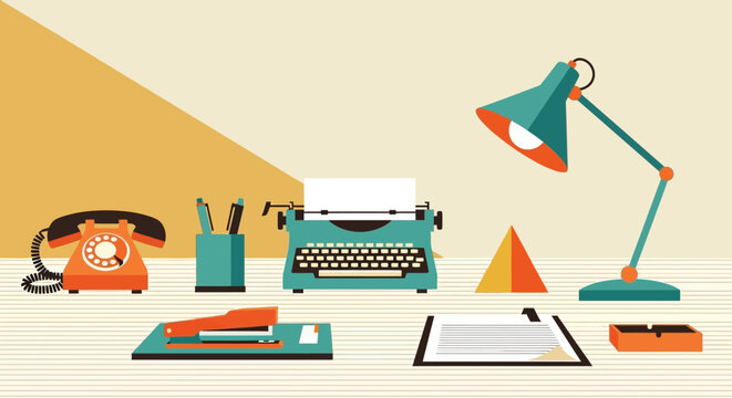 A vintage office desk setup with retro telephone, typewriter, and desk lamp, ready for work.