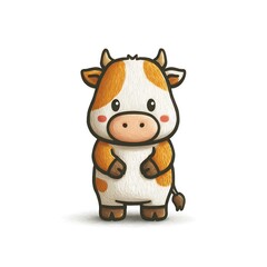 Fototapeta premium Cute cartoon cow with orange patches on white background Keywords: cow, calf, animal, cute