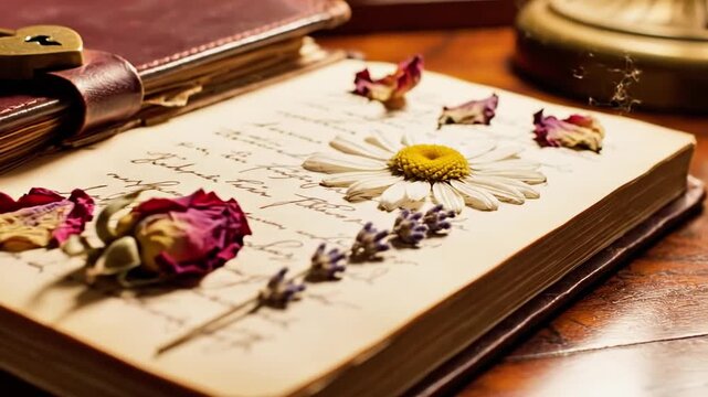 A journal lies open on a wooden table, adorned with pressed flowers and herbs, alongside another closed leather-bound book