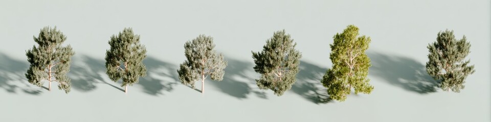Group of evergreen pine trees in sunlight for landscape architecture and forestry planning, top view collection isolated on neutral background with soft shadows