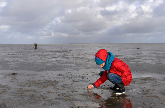 Germany, Lower Saxony, North Sea, Hamburg Wadden Sea National Park, Neuwerk, low tide, girl playing in mudflat