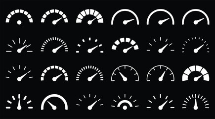 Speedometer speed vector icon set, gauge meter, dashboard elements for automotive, speed measurement. Vector set for car speed, fuel, RPM, tachometer. Black speed dials