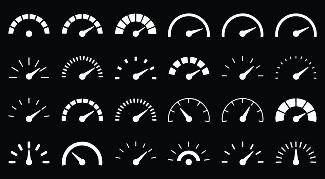 Speedometer speed vector icon set, gauge meter, dashboard elements for automotive, speed measurement. Vector set for car speed, fuel, RPM, tachometer. Black speed dials