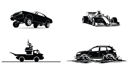 Obraz premium Action vehicle silhouettes: lowrider, race car, utility truck, off-road SUV.