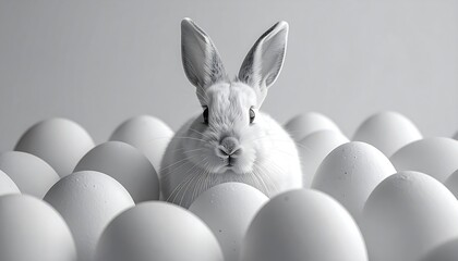 Obraz premium A white bunny emerges from a collection of white eggs.