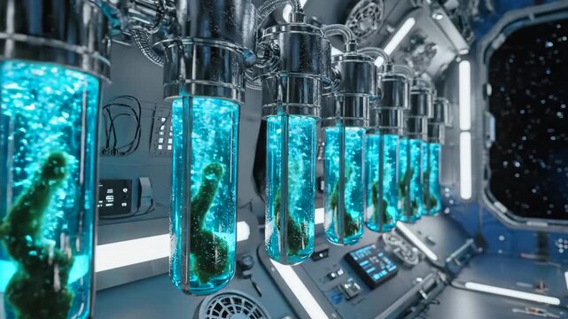 rows of biosample pods inside spacecraft laboratory, glowing blue vials with plant specimens, orbital window showing starfield, sterile research environment and controlled growth systems