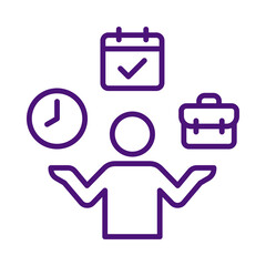 Purple icon of person with calendar clock and briefcase isolated on transparent background