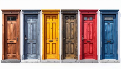 Obraz premium Row of six front doors in varied colors—brown, light blue, yellow, dark brown, red, and dark blue—each with window, mail slot, and handle, aligned side by side, symbolizing individuality in shared des