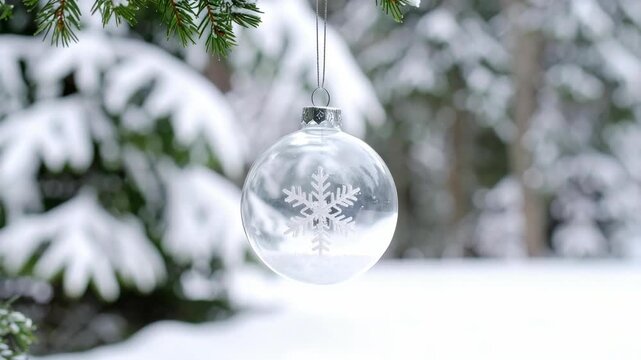 Clear Christmas ornament with snowflake decoration hangs from a snowy pine branch