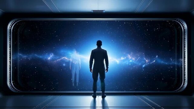silhouette overlooking cosmic starfield through panoramic window, observation deck with reflective floor, blue nebula and distant galaxy, commander stance conveying exploration and wonder,
