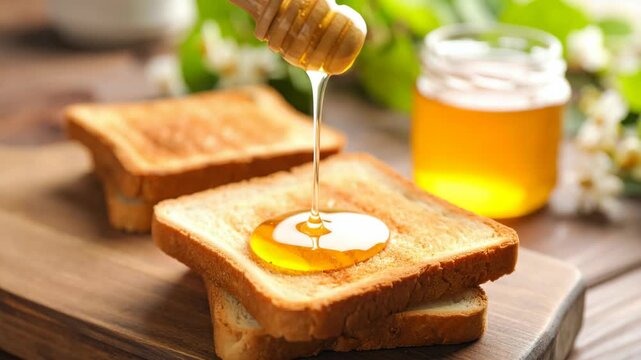 Golden honey dripping onto toasted bread slices on a wooden board