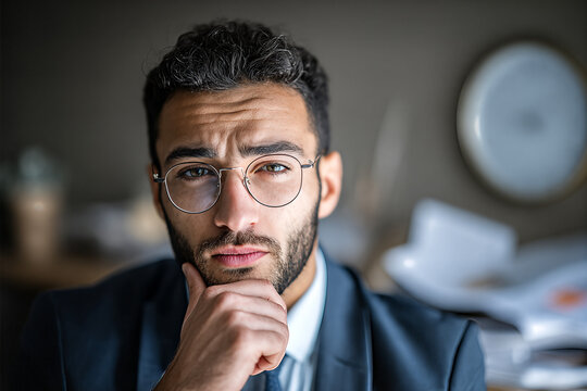 Young Arab businessman in navy suit and round wire - frame glasses, hand on chin and furrowed brow, serious thoughtful expression in blurred office with wall clock and scattered papers