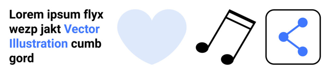 Social media, music sharing, online communication, creative connection, love for arts, icon usage. A heart, music note and sharing symbol. Social media and music sharing concepts