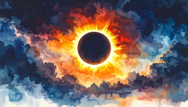 Watercolor illustration of Dramatic solar eclipse with glowing corona ring against dark cloudy sky creating stunning celestial phenomenon for astronomy
