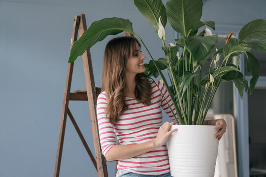 Woman holding potted plant in her bew home