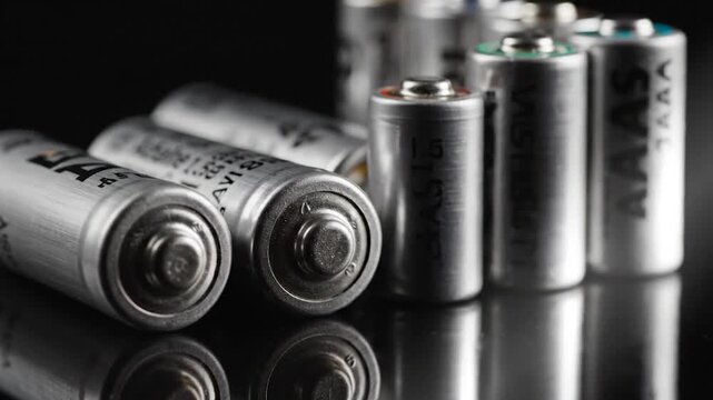 Close-up shot of various cylindrical batteries with reflections against a black surface